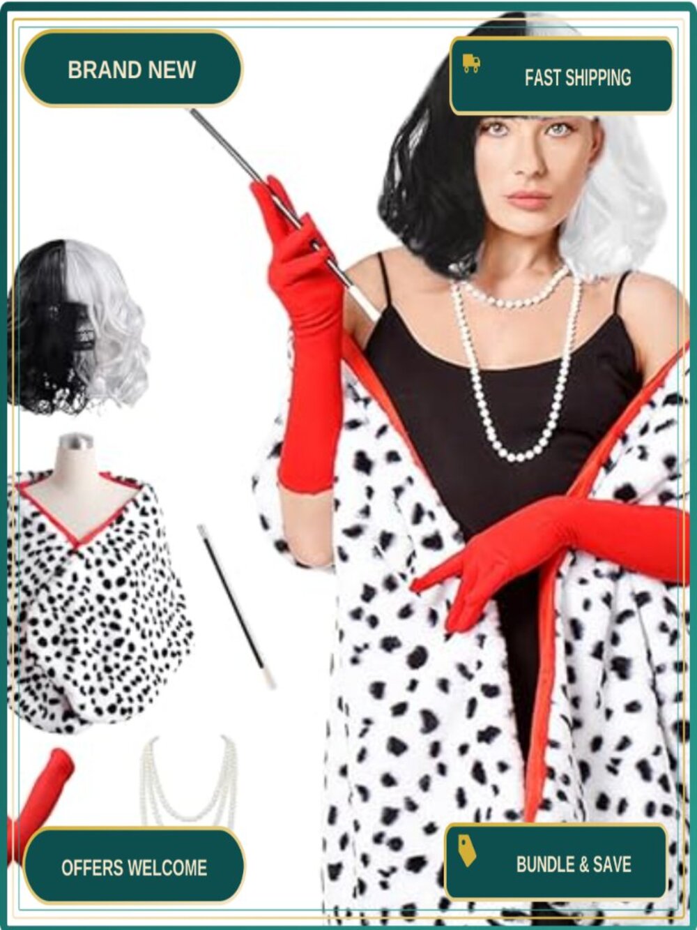 7 Pack Halloween Dalmatian Costume Set Faux Shawl Fleece Gloves Wig